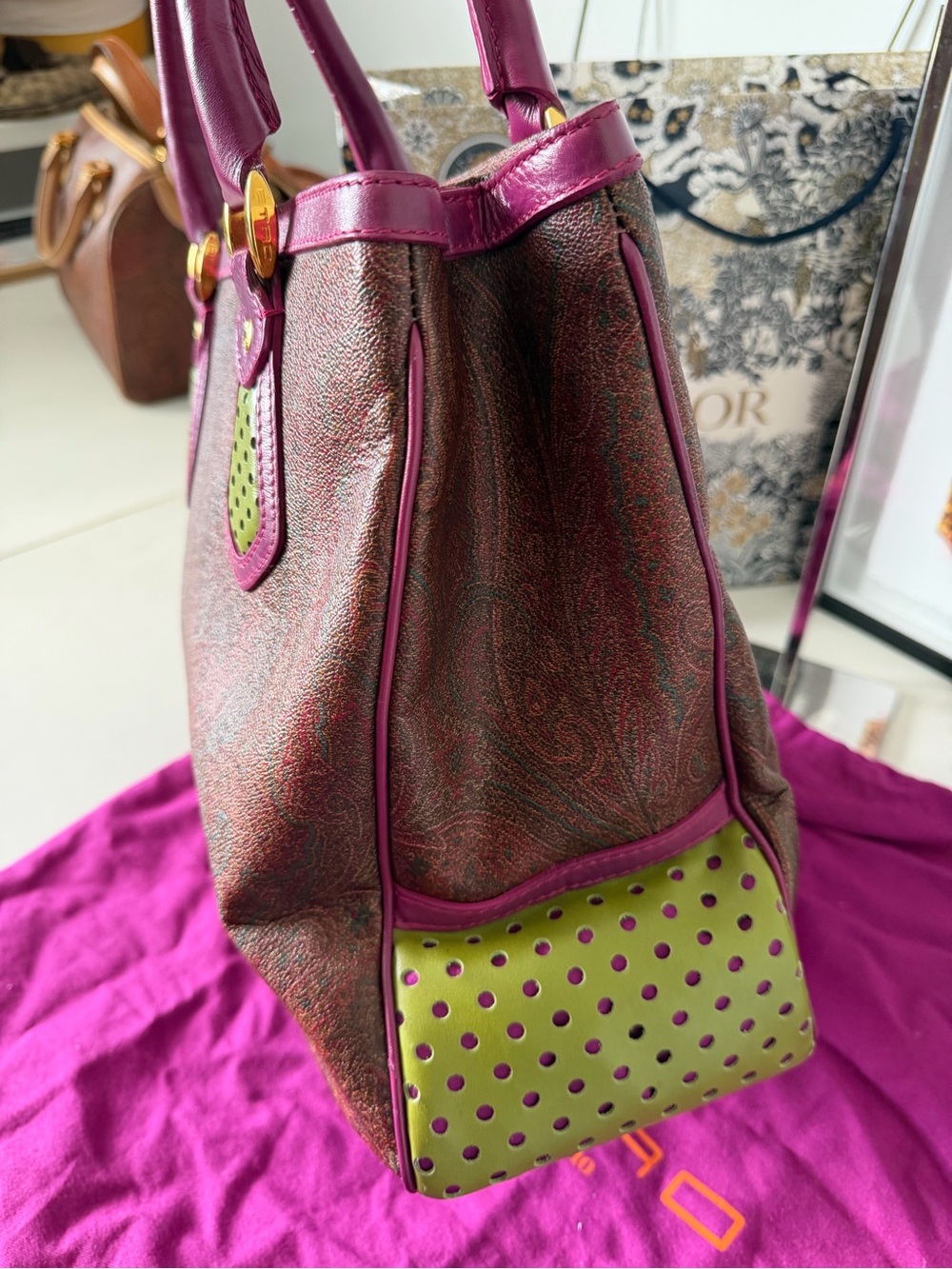 ETRO Paisley Leather Tote Bag Made in Italy Pink Green Dust Bag - Picture 5 of 11